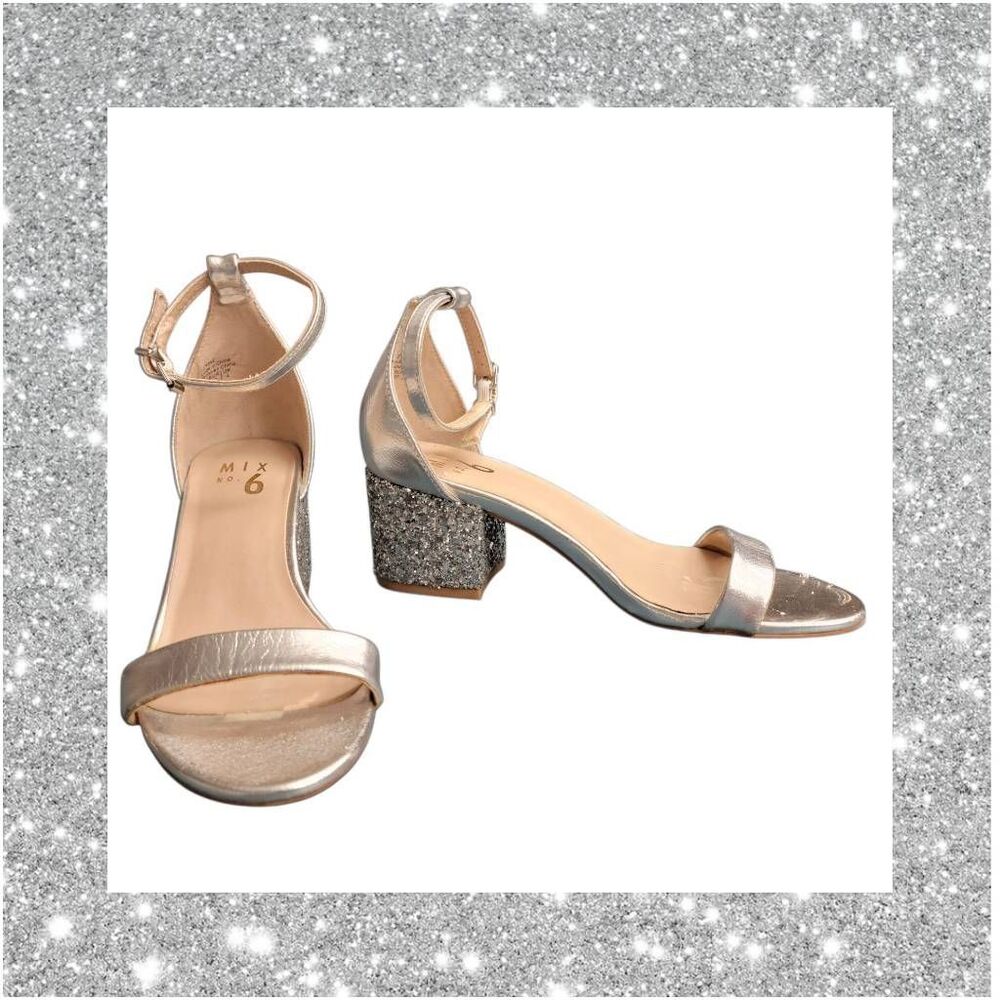 Formal Silver Metallic and Sparkle Chunky Heels Strappy Sandals Shoes